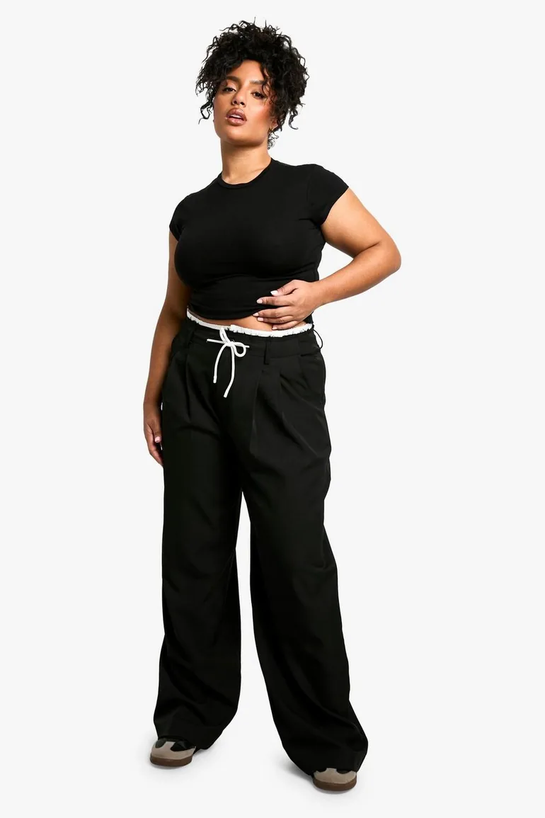 Plus Fray Hem Double Waistband Wide Leg Woven Trousers - 2