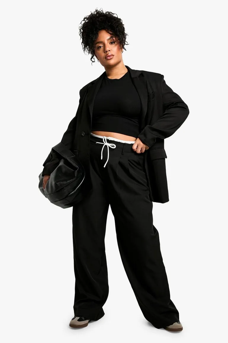 Plus Fray Hem Double Waistband Wide Leg Woven Trousers