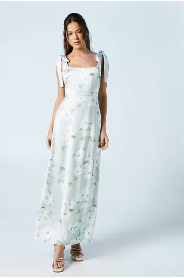 Sage Posy Satin Tie Shoulder Bridesmaids Dress