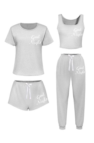 Pack of 4 - Slogan Text Print T-Shirt, Cami, Shorts and Pyjama Set