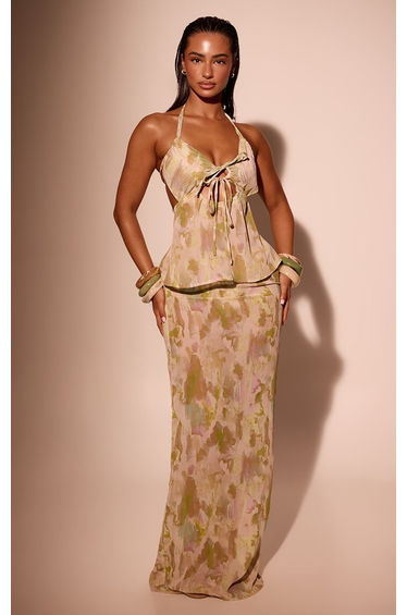 Olive Abstract Print Chiffon Strappy Cami Beach Top