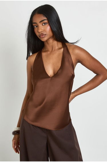 Halter Plunge Swing Cami Top - chocolate