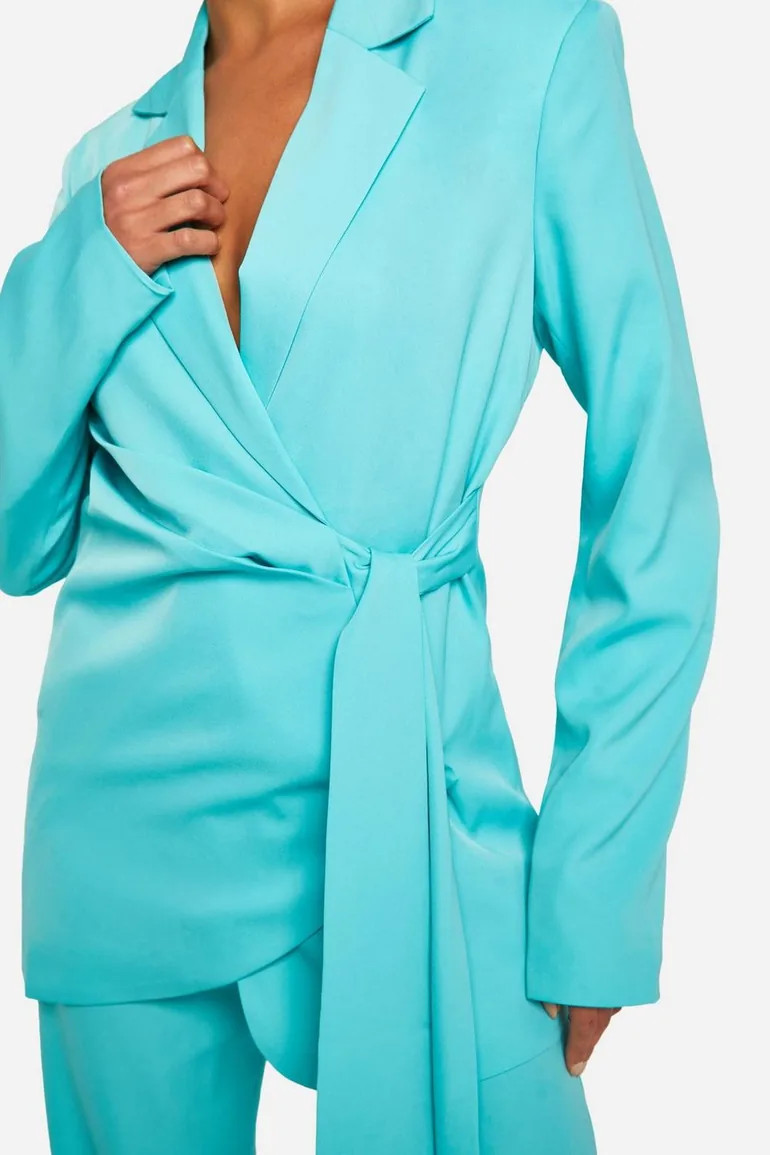 Drape Tie Waist Fitted Tailored Blazer - aqua - 3