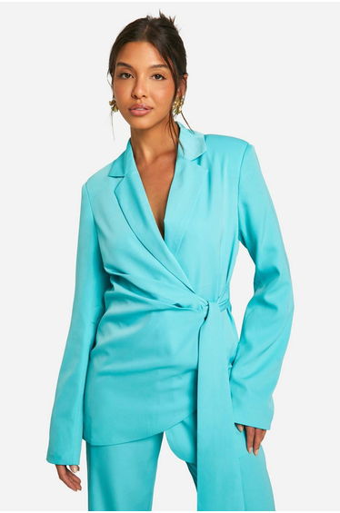 Drape Tie Waist Fitted Tailored Blazer - aqua