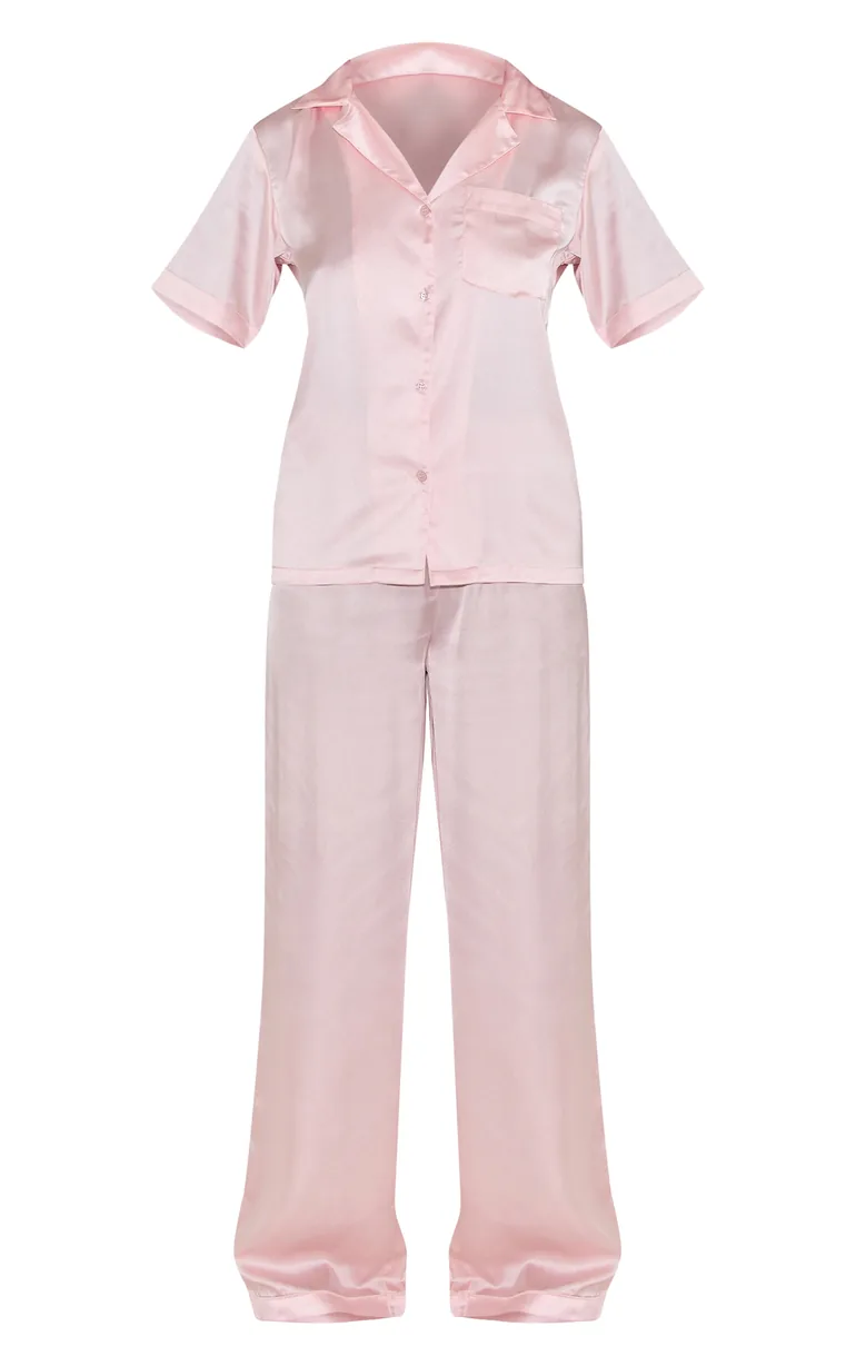 Pink Satin Short Sleeve Long Pj Set - 4