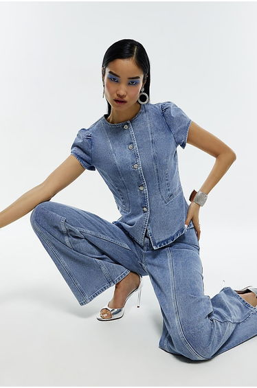 Blue Washed Bling Button Denim Top