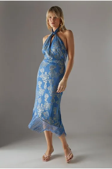 Metallic Chiffon Fringe Hem Halter Wrap Front Midi Dress