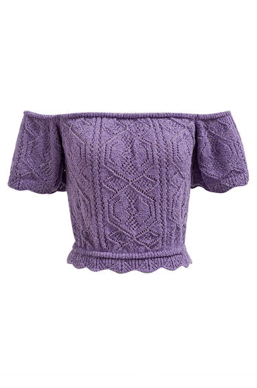 Off-Shoulder Eyelet Knit Crop Top in Lavender