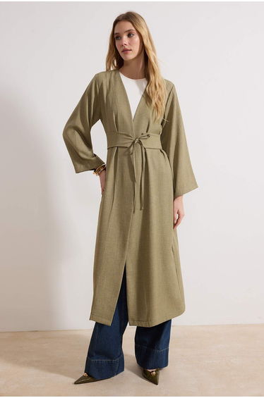 Khaki Waist Tie Detail Linen Look Woven Kimono & Kaftan