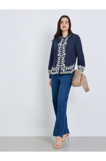 Women Blue Embroidered Long Sleeve Shirt