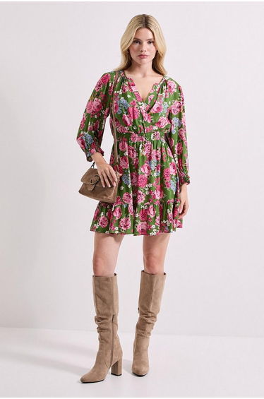 Green Floral Wrap Front Blouson Sleeve Mini Dress