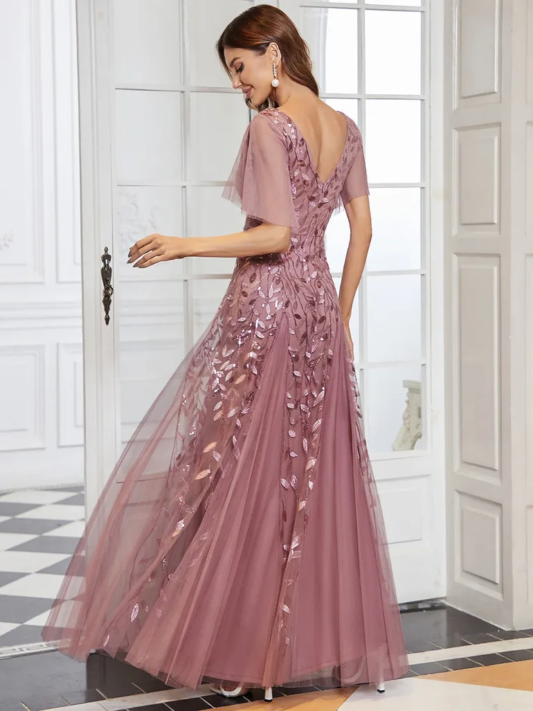 Romantic Shimmery V Neck Ruffle Sleeves Maxi Evening Gowns - 1