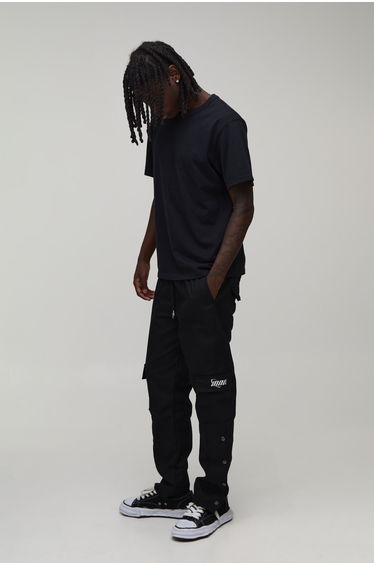 Straight Leg Cargo Popper Hem Ripstop Branded Trouser - black