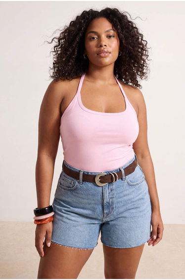 Pink Strap Stretchy Knitted Large Size Undershirt