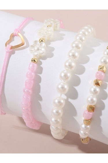 Pack of 4 - Pink Flower and Heart Bracelet