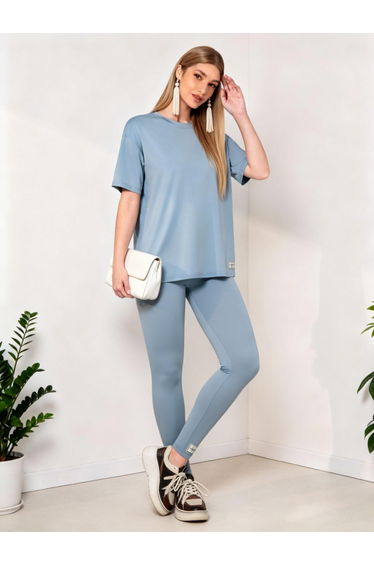 Blue Round Neck Short Sleeve Top and Leggings Co-Ords
