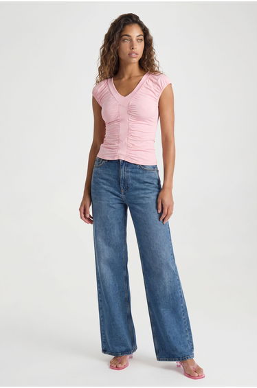 Matte Slinky V Neck Thick Binding Ruched Top - pink