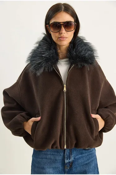 LUCCI Oversized Zipper Jacket with Fur Collar