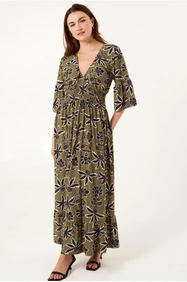 Tropical Print Elasticated Neck Shirred Waist Maxi Dress