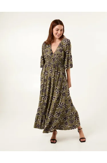 Tropical Print Elasticated Neck Shirred Waist Maxi Dress