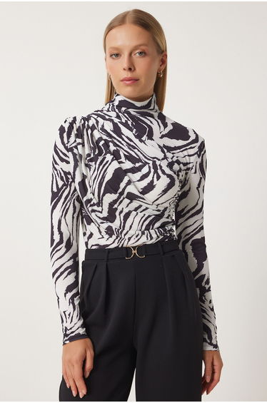 Women's Black and White Gather Detailed Stand Collar Sandy Blouse