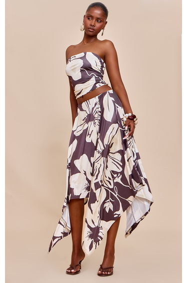 Brown Floral Print Slinky Asymmetrical Hem Maxi Skirt