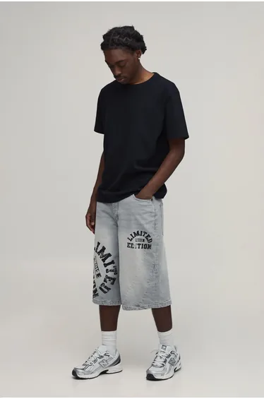 Longline Varsity Print Contrast Denim Jorts - ice grey