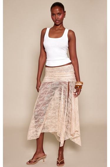 Nude Lace Ruched Waist Midaxi Skirt