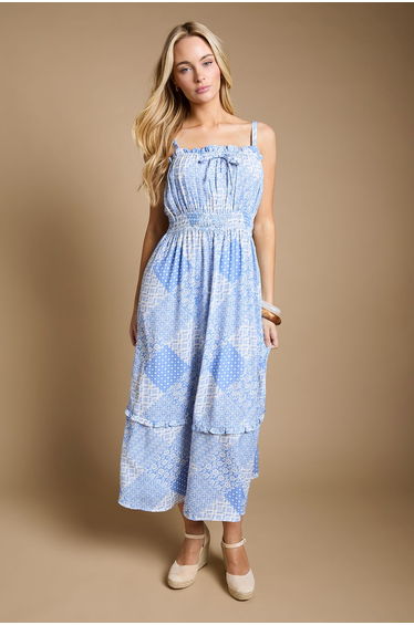 Tie Frill Detail Strappy Tiered Hem Printed Maxi Dress