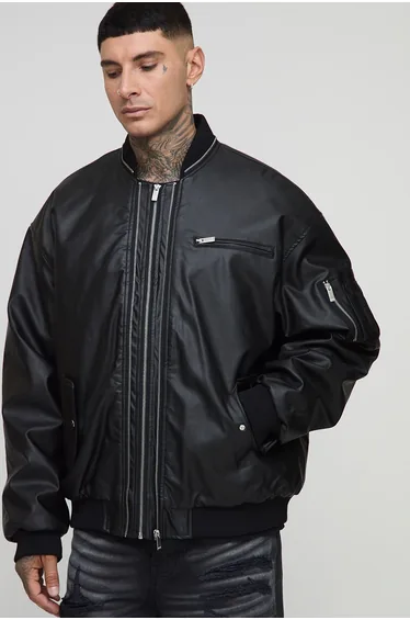 Tall  Leather Look Double Zip Oversized MA1 Bomber Jacket - black