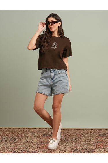 Brown Bear Embroidered Boxy Crop T-Shirt