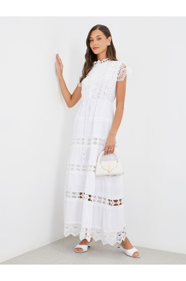 Solid Lace Short Sleeves Tiered Maxi Dress with Tie Detail