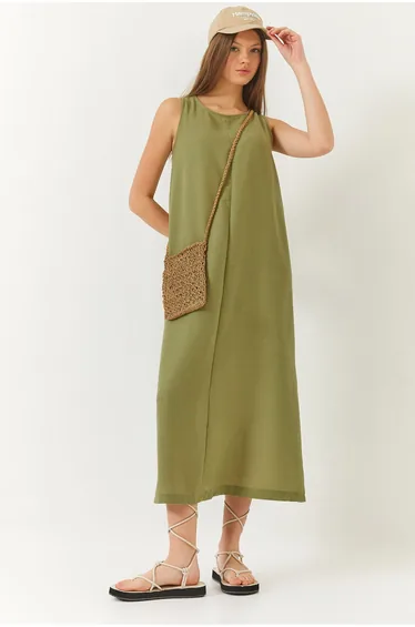 Women's Thick Strap Back Button Detail Summer Linen Dress