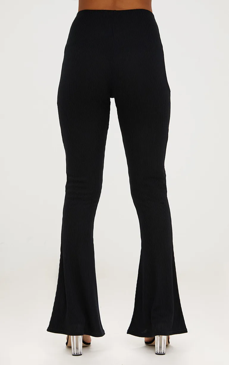 Black Ribbed Flared Trousers - 3