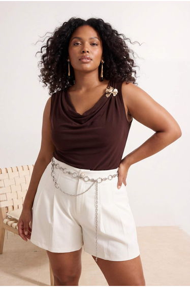 Brown Fitted/Body-Fitting Collar Accessory Stretchy Knitted Plus Size Blouse
