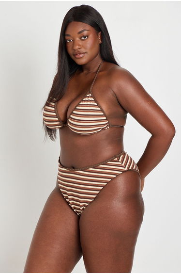 Plus Triangle Beaded Top & High Waist Bikini Set - brown