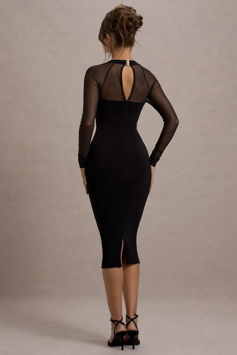 Shop Off Track | Black Bodycon Midi Dress With Sheer Sleeves Online in Iraq