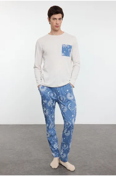 Men's Gray - Blue Regular Fit Couple Knitted Pajama Set