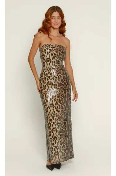 Leopard Sequin Bandeau Maxi Dress