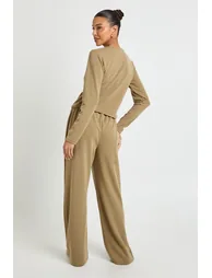 Stripe Minimal Waistband Wide Leg Trousers - olive - 1