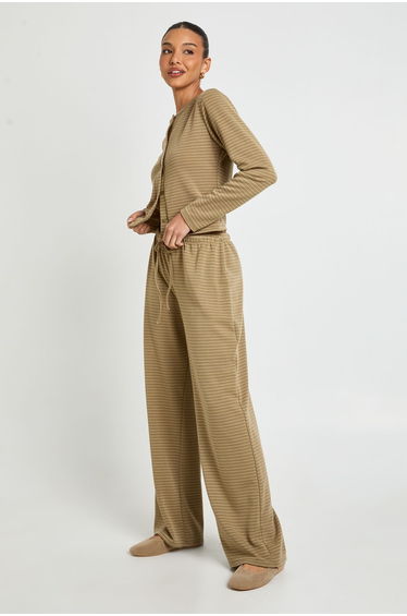 Stripe Minimal Waistband Wide Leg Trousers - olive