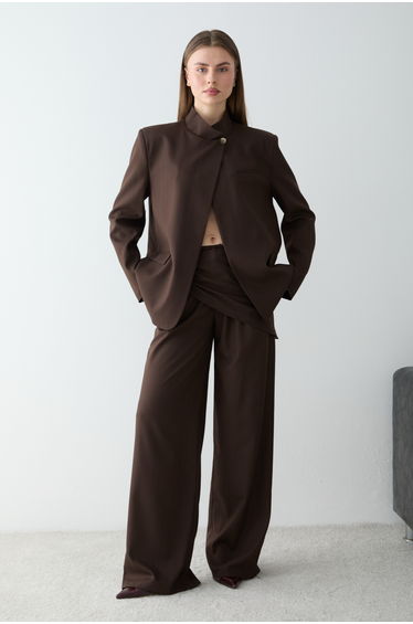 Brown Striped Jacket with Closure Detail and Stand-Up Collar