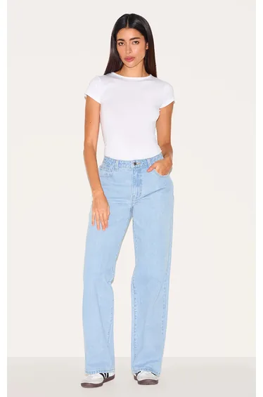 Light Blue Mid Rise Straight Leg Jeans