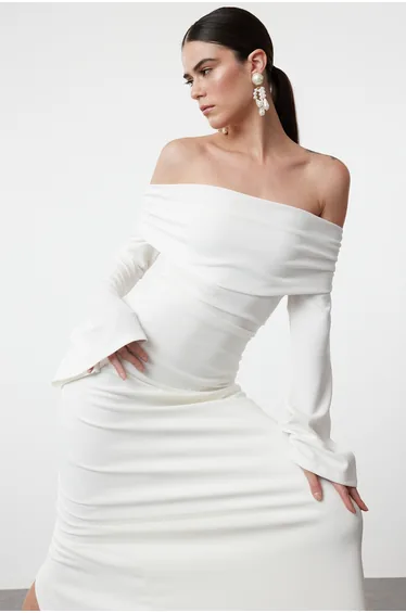 White Knitted Carmen Collar Long Evening Evening Dress