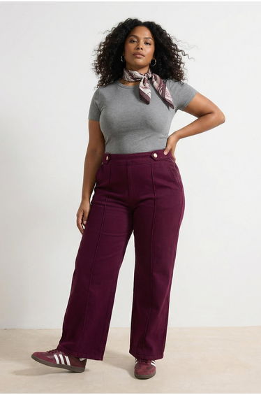 Burgundy High Waist Button Detail Comfort/Flexible Wideleg/Wide Leg Plus Size Jeans