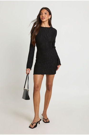 Textured Flared Sleeve Open Back Mini Dress - black