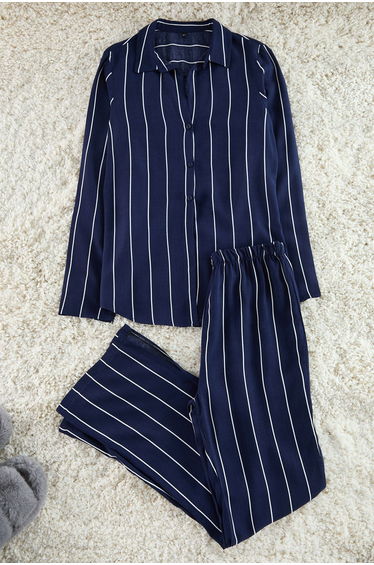 Navy Blue Striped Slit Detailed Viscose Shirt-Pants Woven Pajama Set