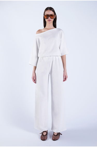 Women's Ecru Boat Neck Bat Sleeve Loose Blouse and Palazzo Trousers Wrinkled Set