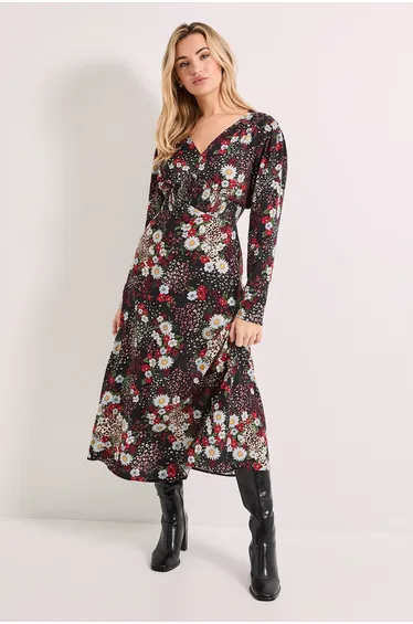 Patchwork Floral Shirred Waist Button Detail Printed Midi Dress