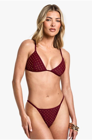 Premium Swim Hot Fix Diamante Tanga Bikini Brief - burgundy